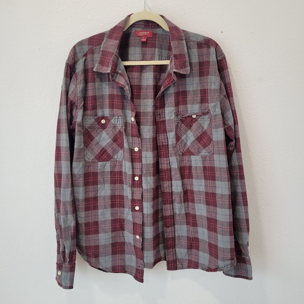 Arizona Mens Plaid Shirt XL Maroon And Gray Button Up‎ Casual Flannel Grunge